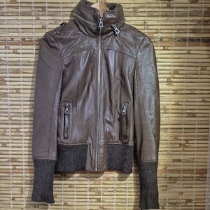 RUDSAK Brown Leather Bomber Jacket with Stand-Up Collar
